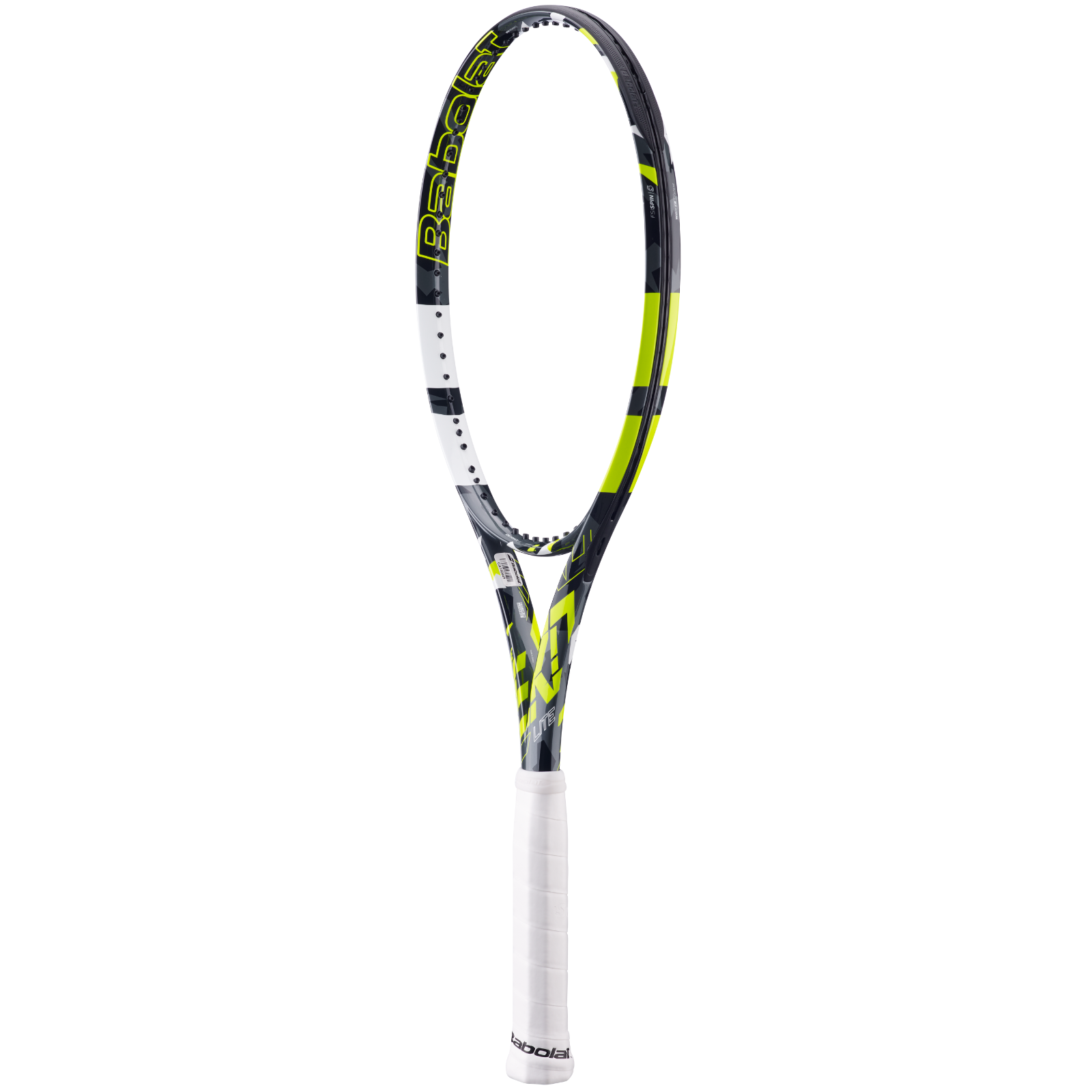 Babolat Pure Aero Lite tennis racquet, black with neon yellow and white accents, white grip.