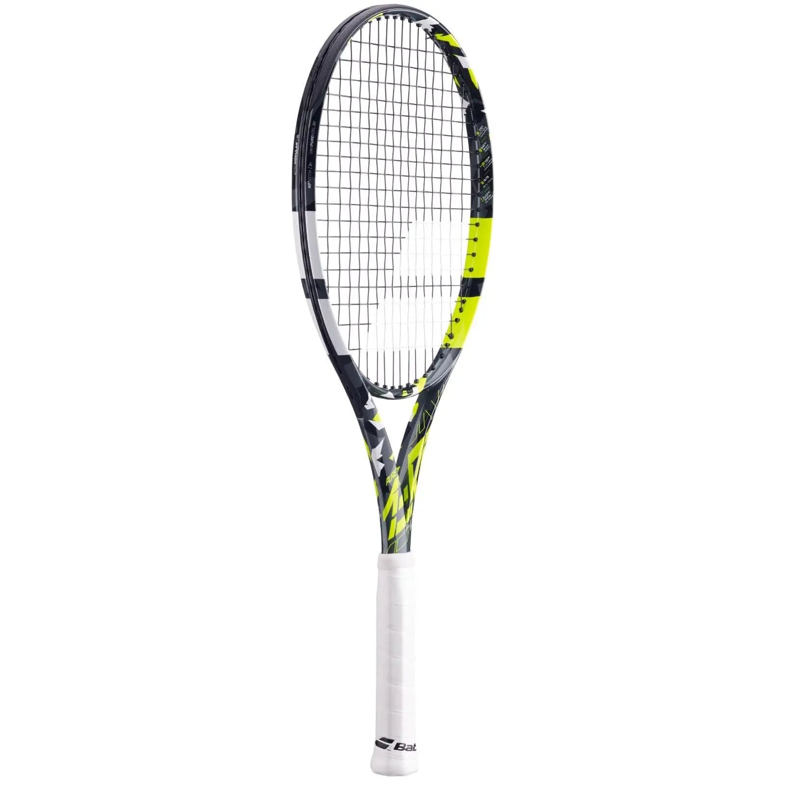 Babolat Pure Aero Lite tennis racquet, black, yellow, and white design, with a white grip.