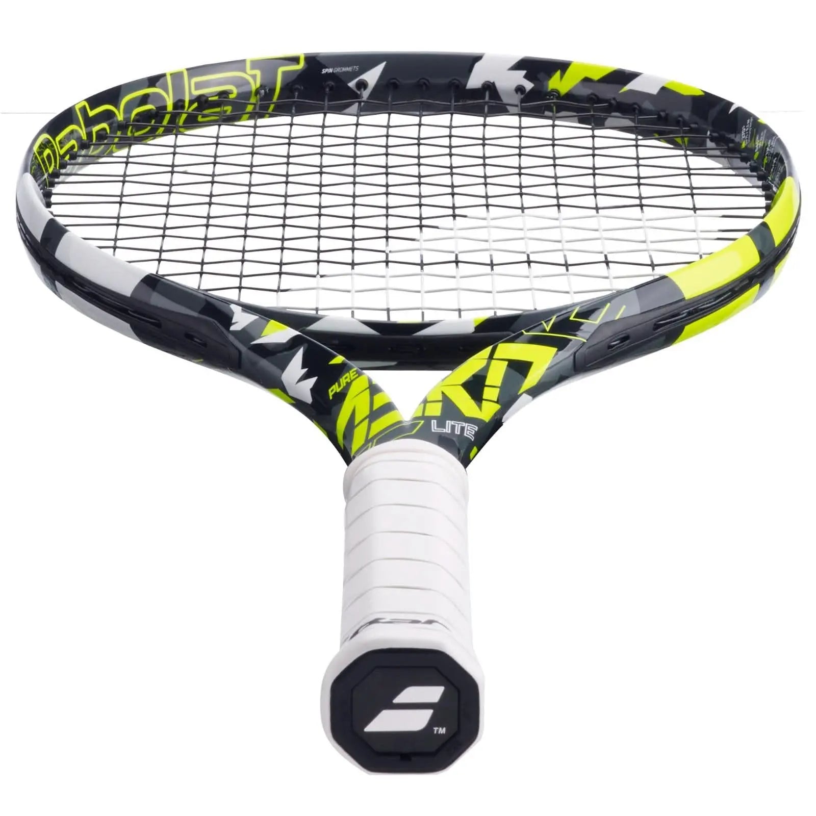 Babolat Pure Aero Lite tennis racquet (270g) with black, yellow, and white geometric design, white grip.