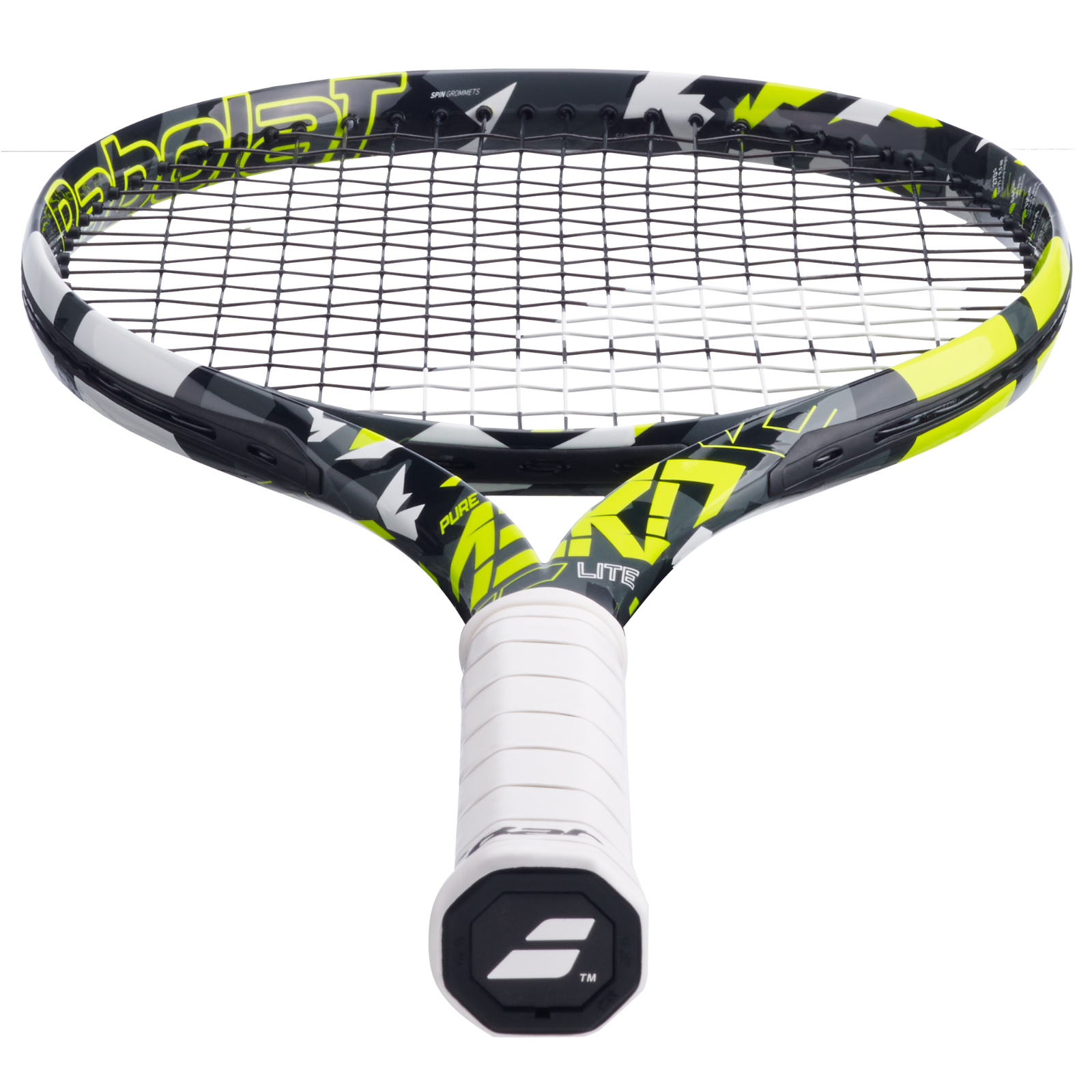 Babolat Pure Aero Lite tennis racquet (270g) with black, yellow, and white geometric design, white grip.