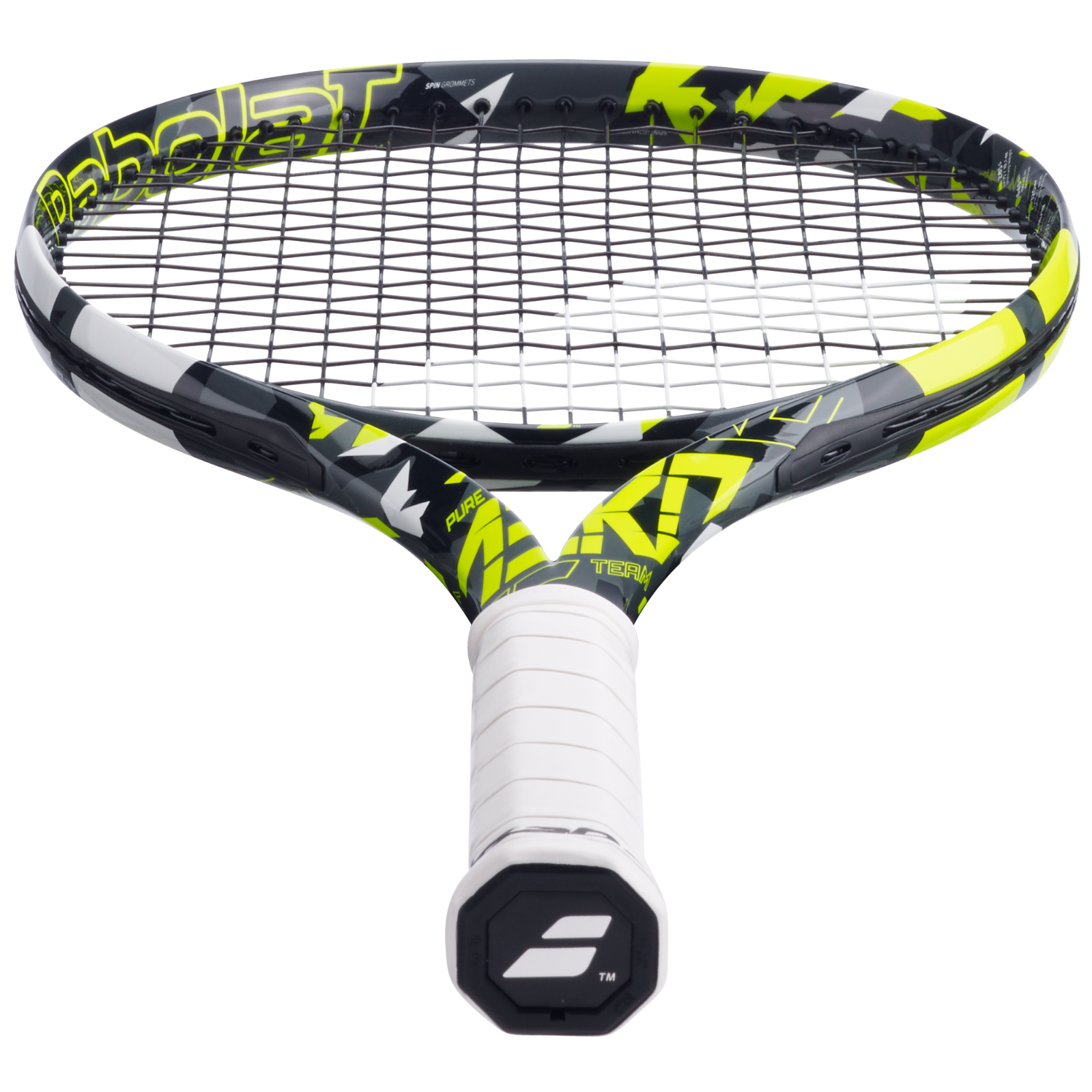 Babolat Pure Aero Team tennis racquet (285g) with black, yellow, and white aerodynamic frame, white grip.