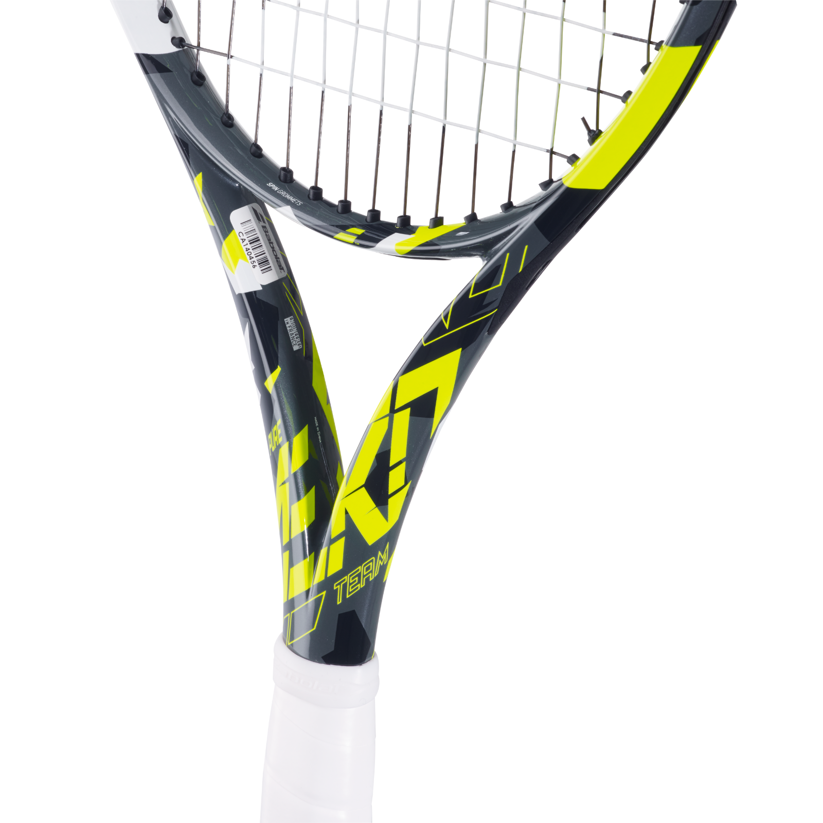 Babolat Pure Aero Team tennis racquet, dark gray with bright yellow accents, white grip, and white strings.