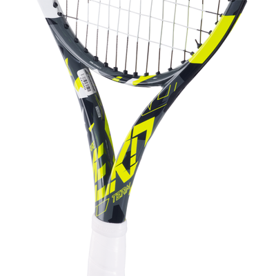 Babolat Pure Aero Team tennis racquet, dark gray with bright yellow accents, white grip, and white strings.