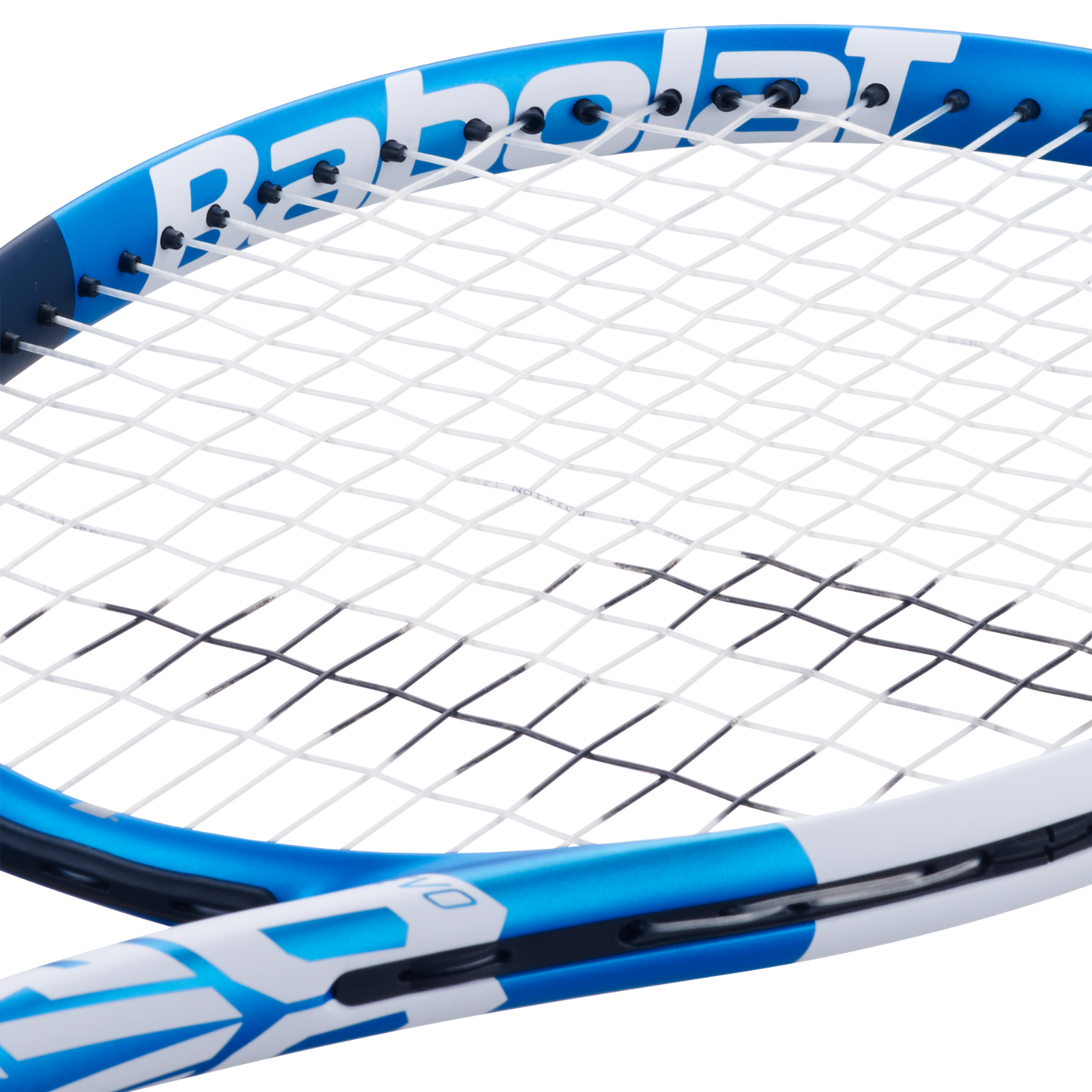 Close-up of a blue and white Babolat tennis racket head with white strings.