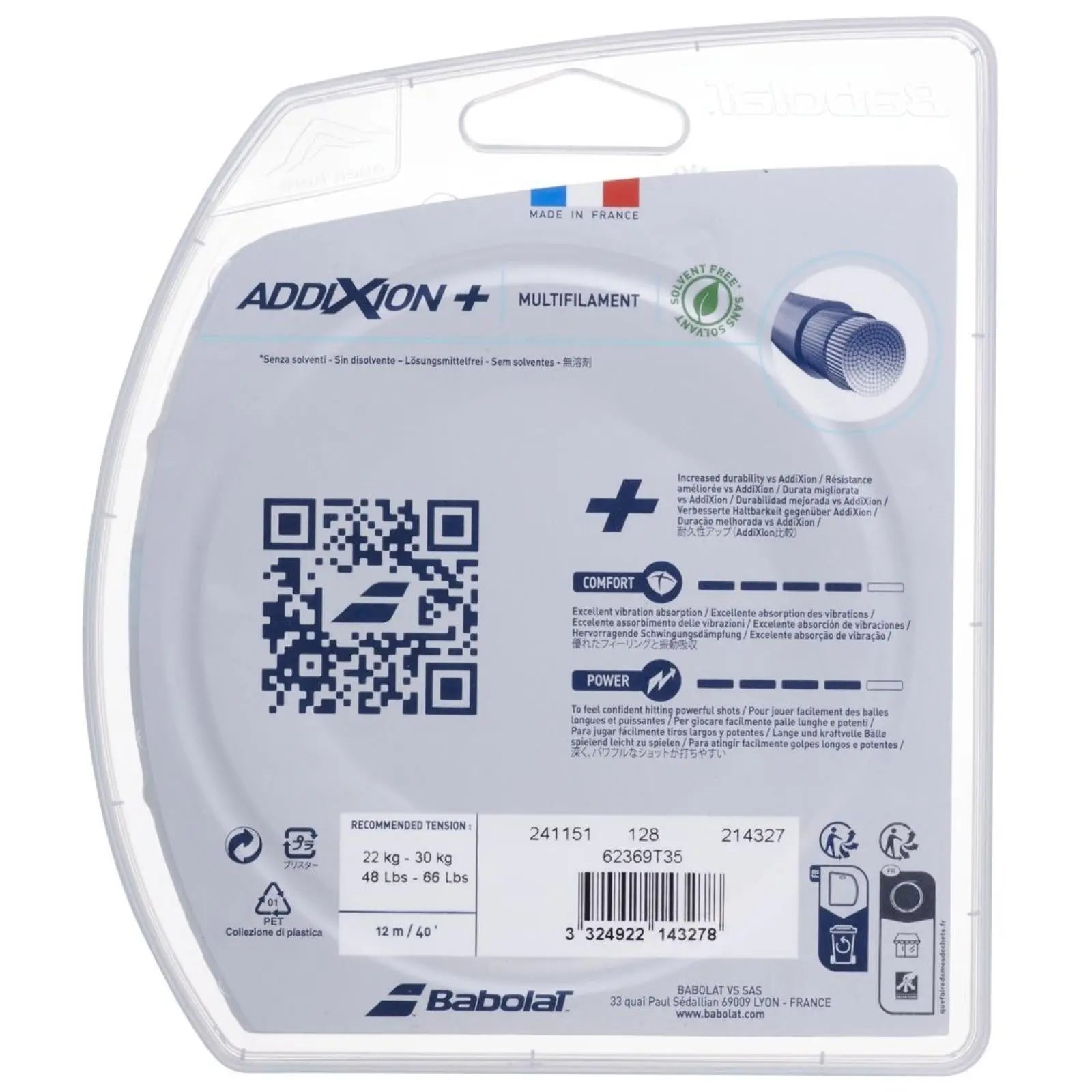 Babolat Addixion multifilament tennis string, 12M, natural, in clear packaging with product details.