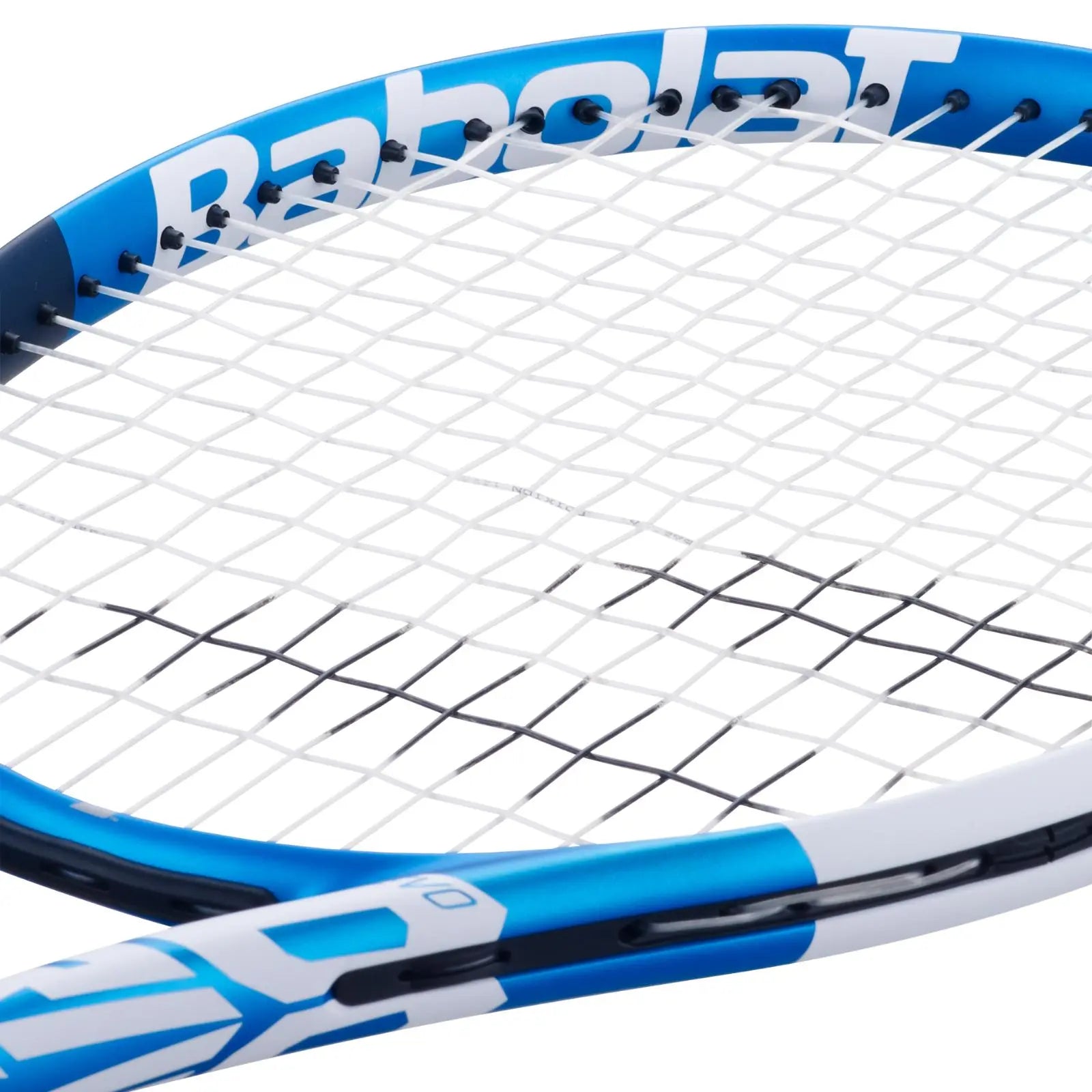 Close-up of a blue and white Babolat tennis racket frame with white strings.