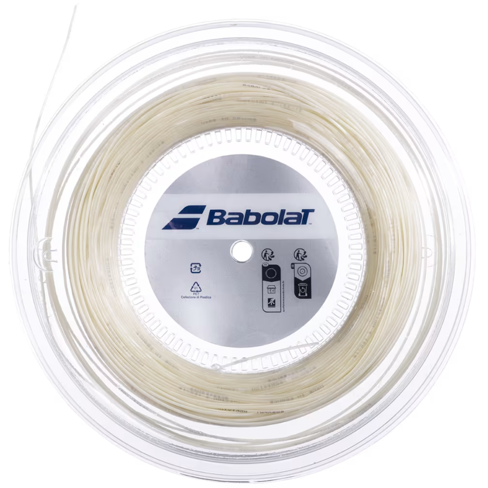 Babolat Addixion + 200M tennis string in natural, coiled inside a clear plastic reel.