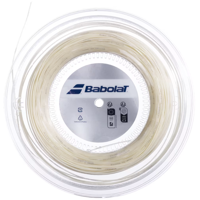 Babolat Addixion + 200M tennis string in natural, coiled inside a clear plastic reel.