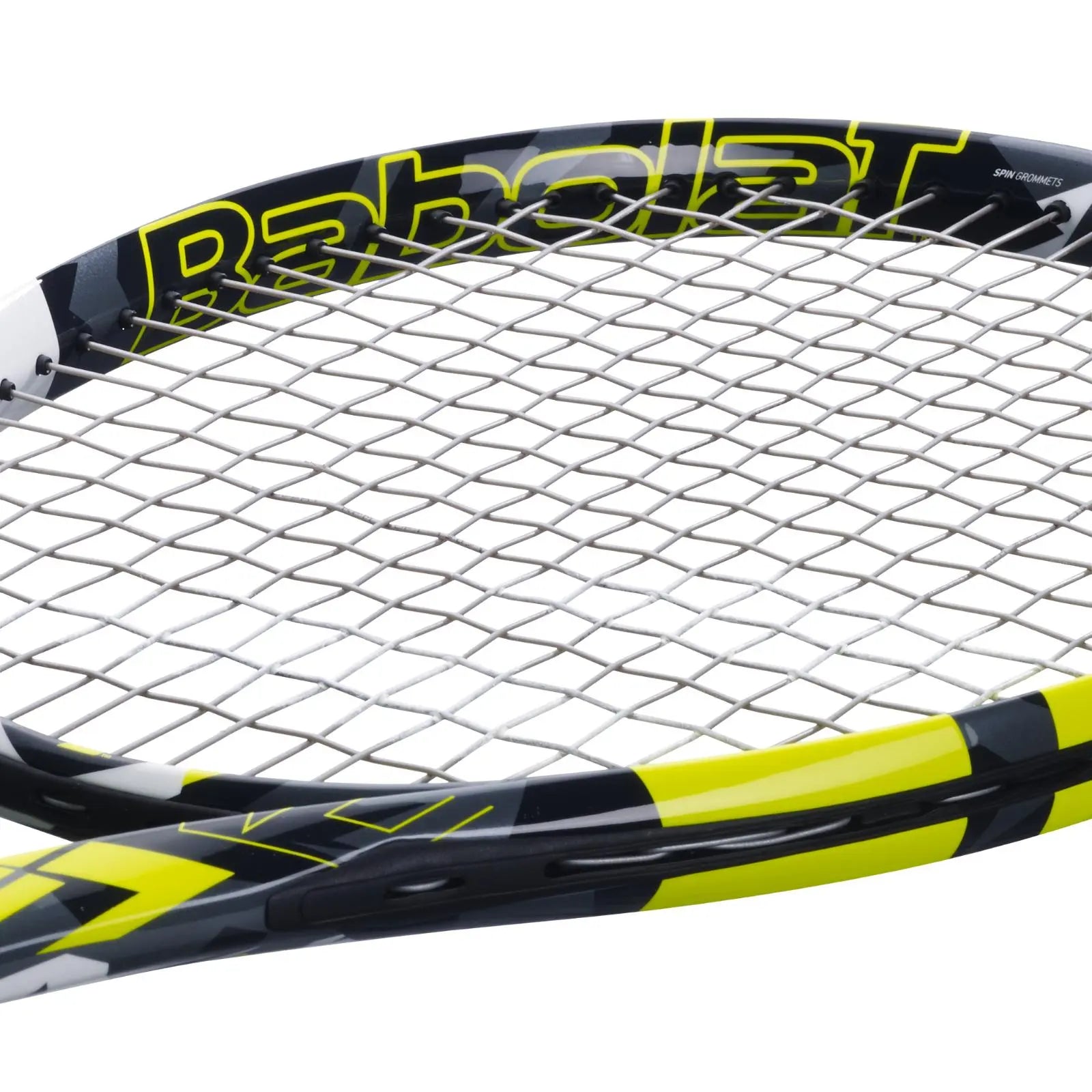 Close-up of a tennis racquet strung with silver Babolat RPM Soft 1.25mm polyamide string.