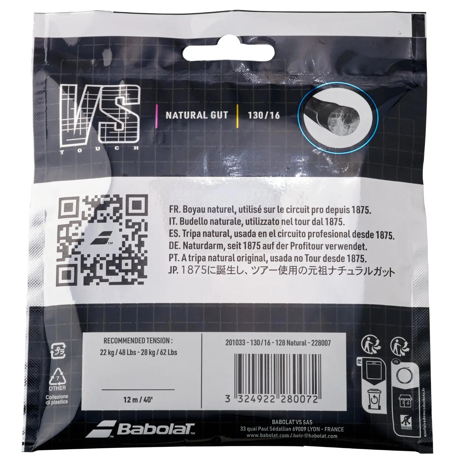 Babolat Touch VS 150th Anniversary natural gut tennis string in black and white packaging, 1.30 (16) gauge.