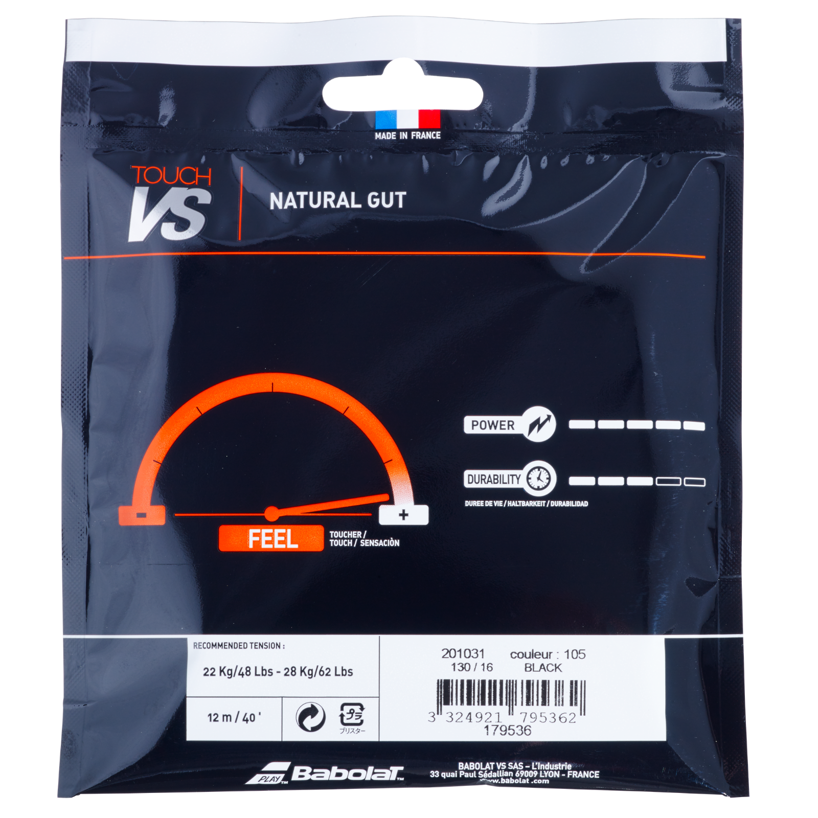 Babolat Touch VS natural gut tennis string in black packaging, showing "Natural Gut" and "Feel" indicators.