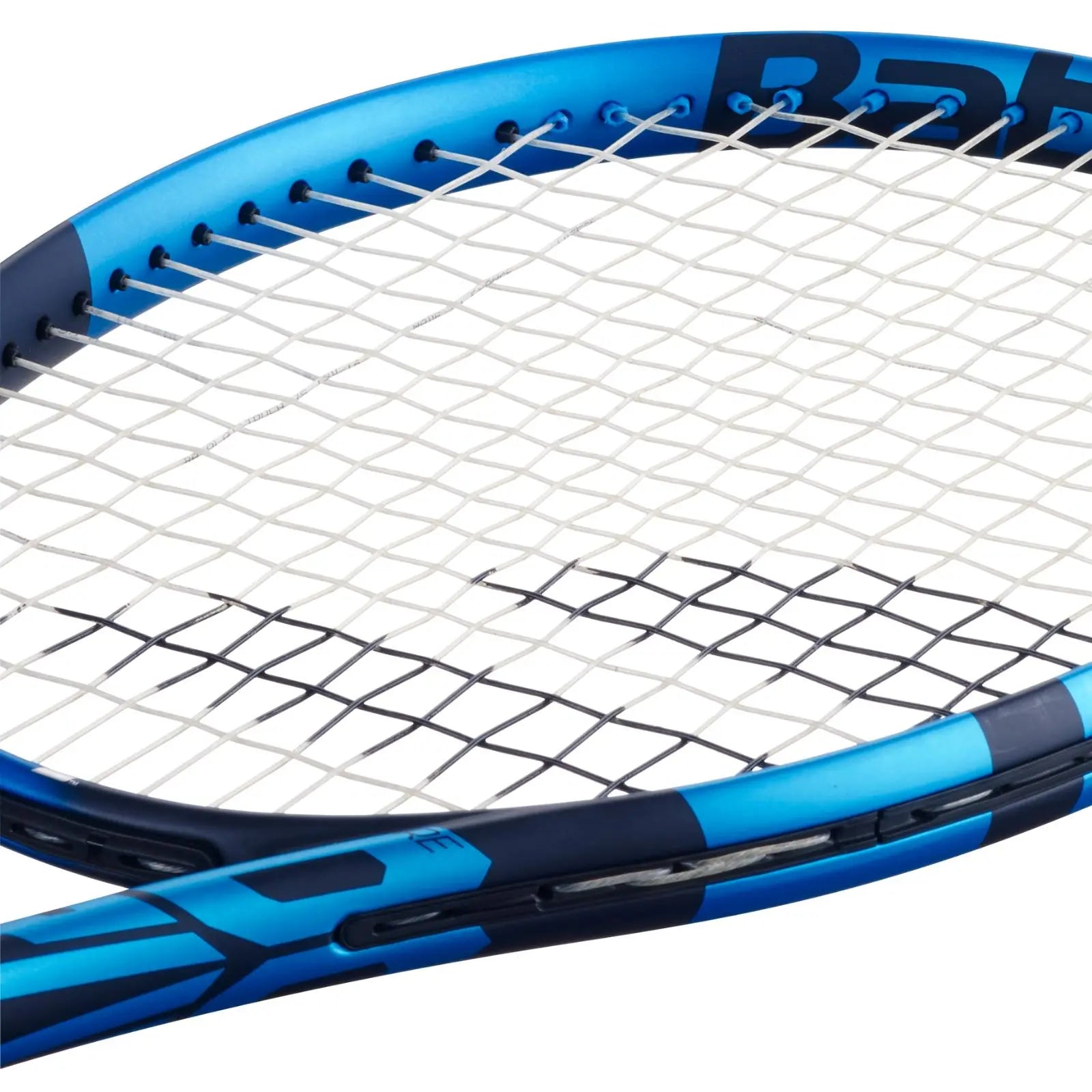 Close-up of a blue Babolat tennis racquet strung with natural gut string, 1.25mm gauge.