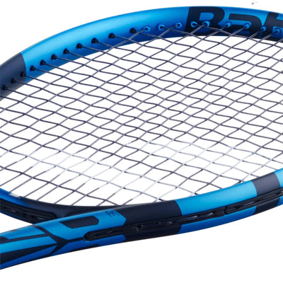 Close-up of a blue Babolat tennis racquet with black strings, showing the frame and string pattern.