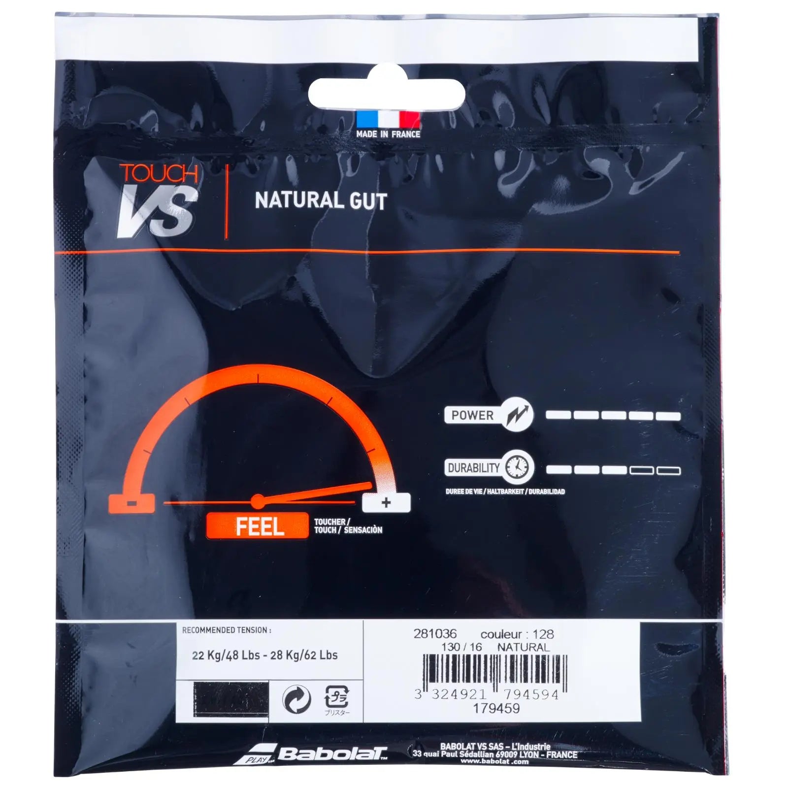 Babolat Touch VS natural gut tennis string set, 1.30mm/16 gauge, in clear packaging with orange accents.