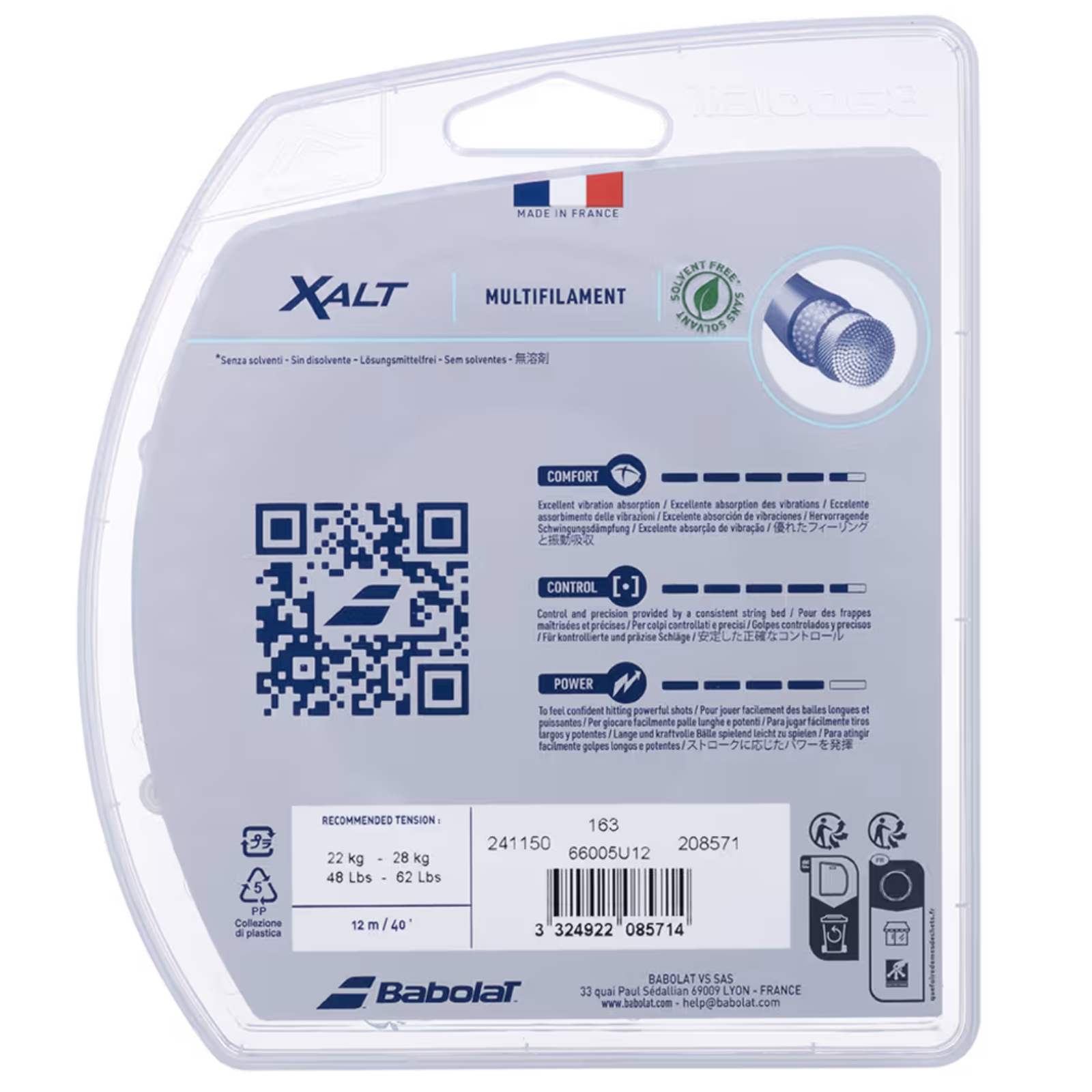Babolat XALT 1.25 multifilament tennis string in natural, packaged in clear plastic with product details.