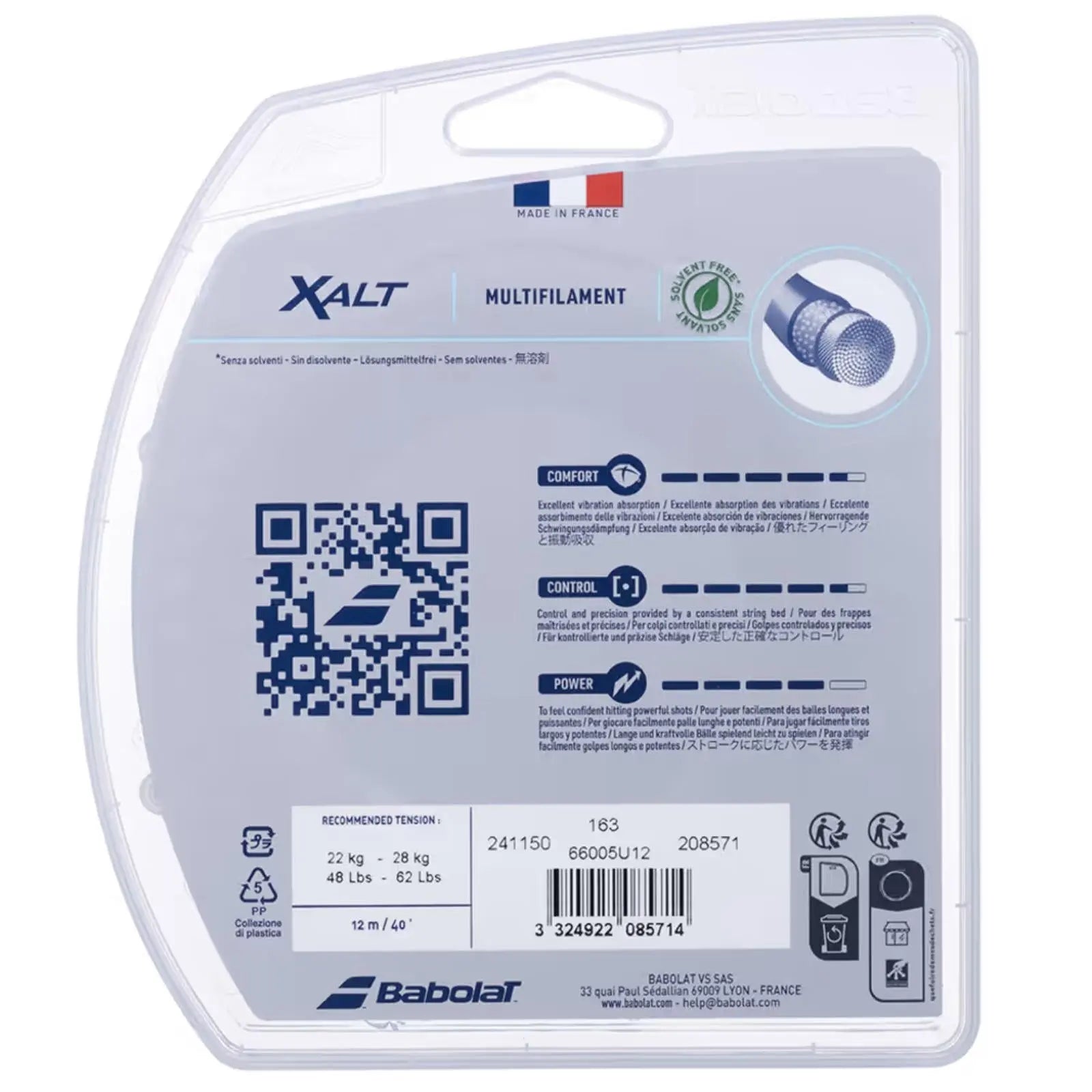 Babolat XALT multifilament tennis string packaging, 12m, natural, with product features and QR code.