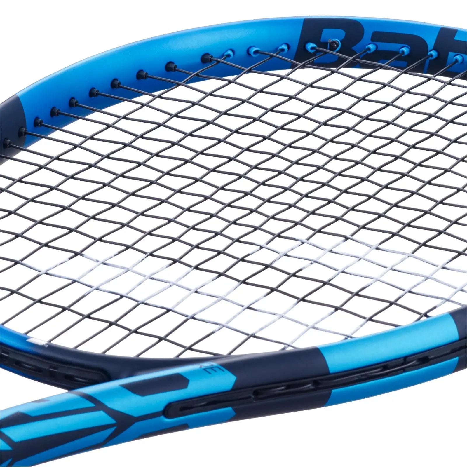 Close-up of a blue Babolat tennis racquet strung with black Babolat XCEL 1.25 (17) multifilament string.