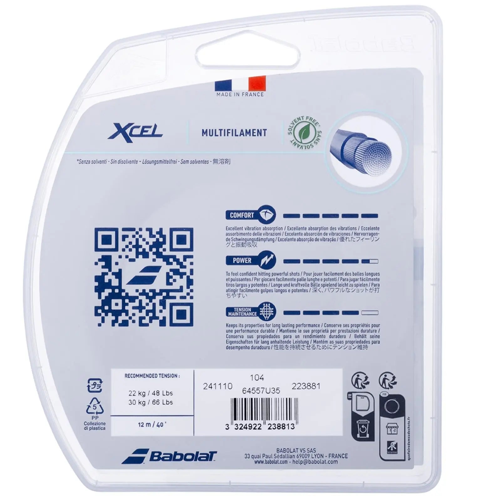 Babolat XCEL 12M multifilament tennis string in clear packaging, highlighting comfort, power, and tension maintenance.