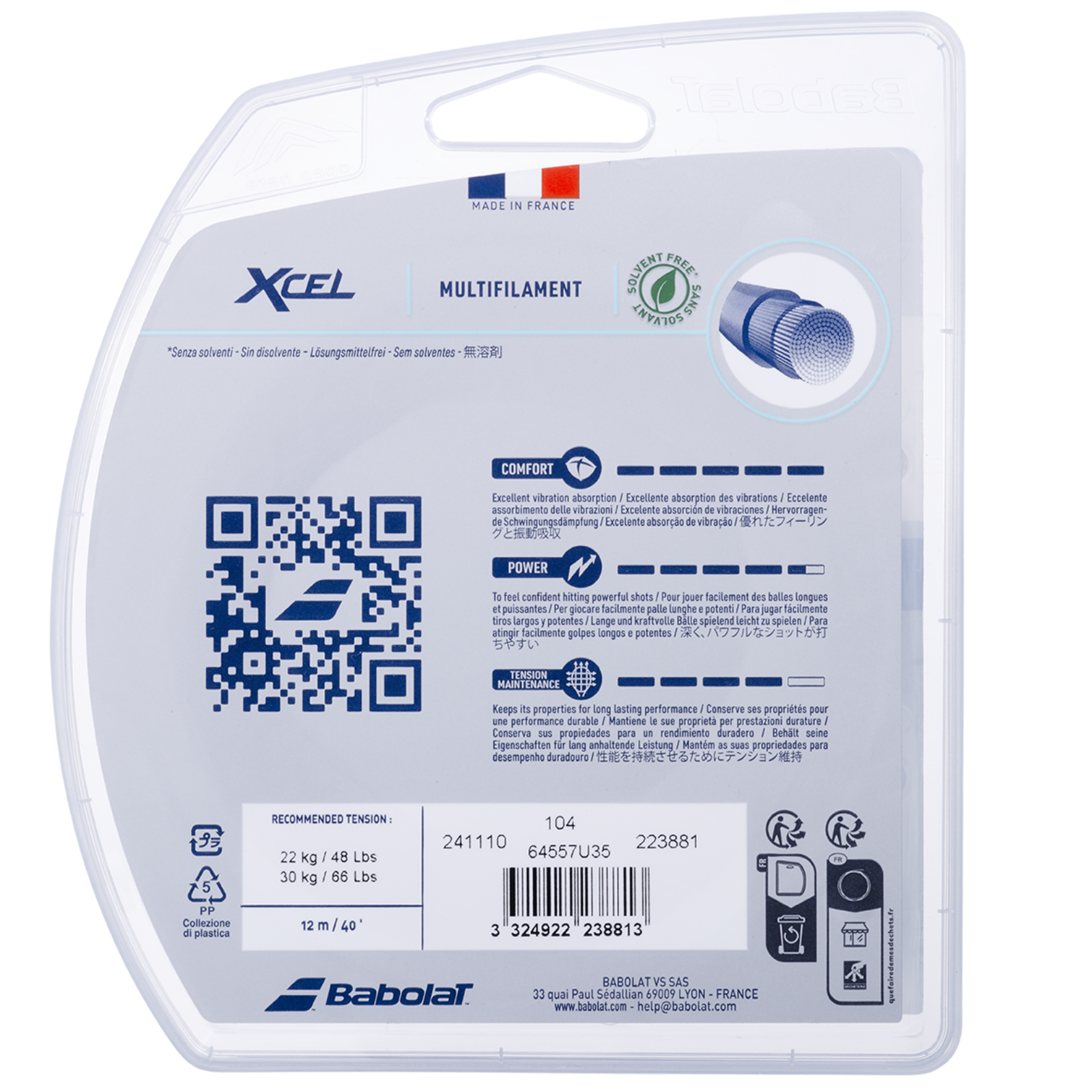 Babolat XCEL 12M multifilament tennis string in clear packaging, highlighting comfort, power, and tension maintenance.