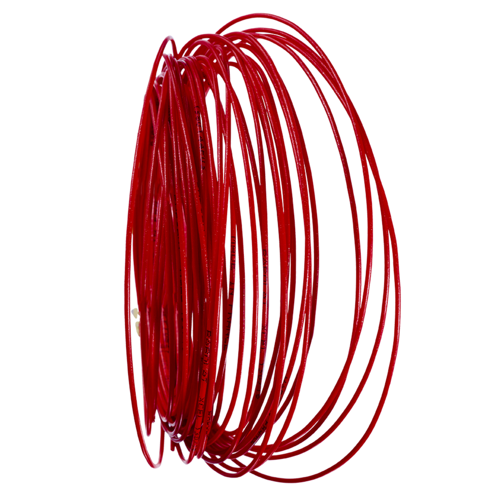 Coiled red Babolat XCEL 1.25mm multifilament tennis string, 12M length, on a white background.