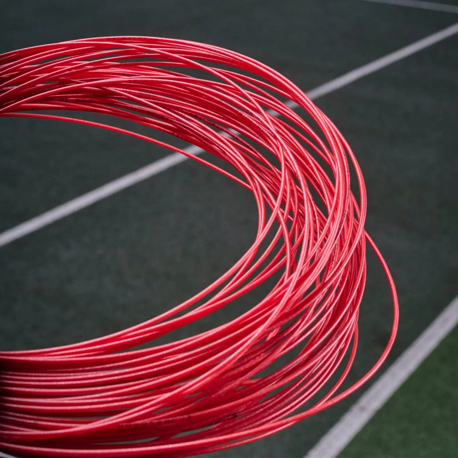 Coiled red Babolat XCEL 1.25mm multifilament tennis string against a dark green court.
