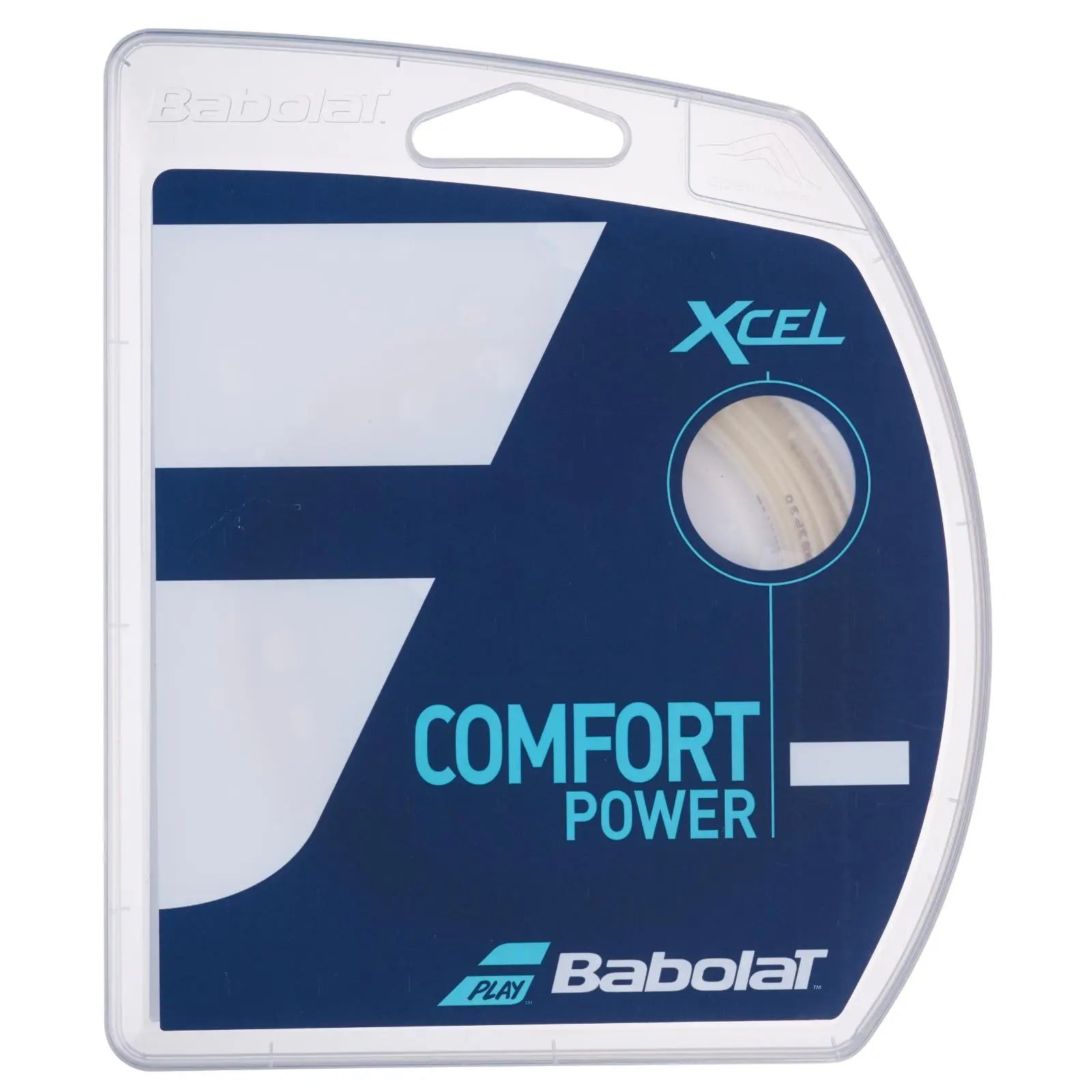 Babolat XCEL 12M 1.30 (16) natural tennis string in clear and navy packaging, highlighting comfort and power.