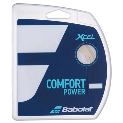 Babolat XCEL 12M 1.30 (16) natural tennis string in clear and navy packaging, highlighting comfort and power.