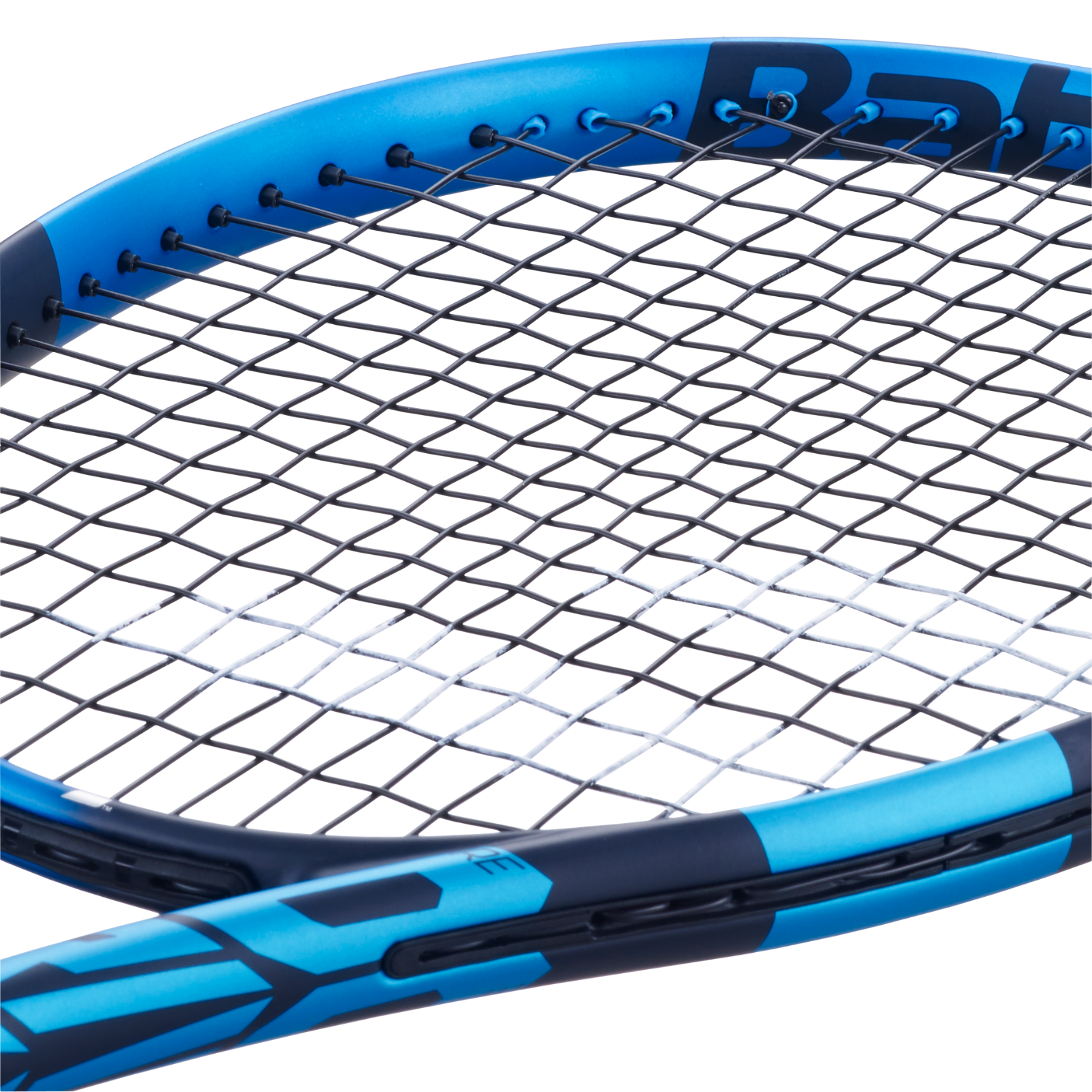 Close-up of a blue Babolat tennis racket head with black strings, showing the string pattern.