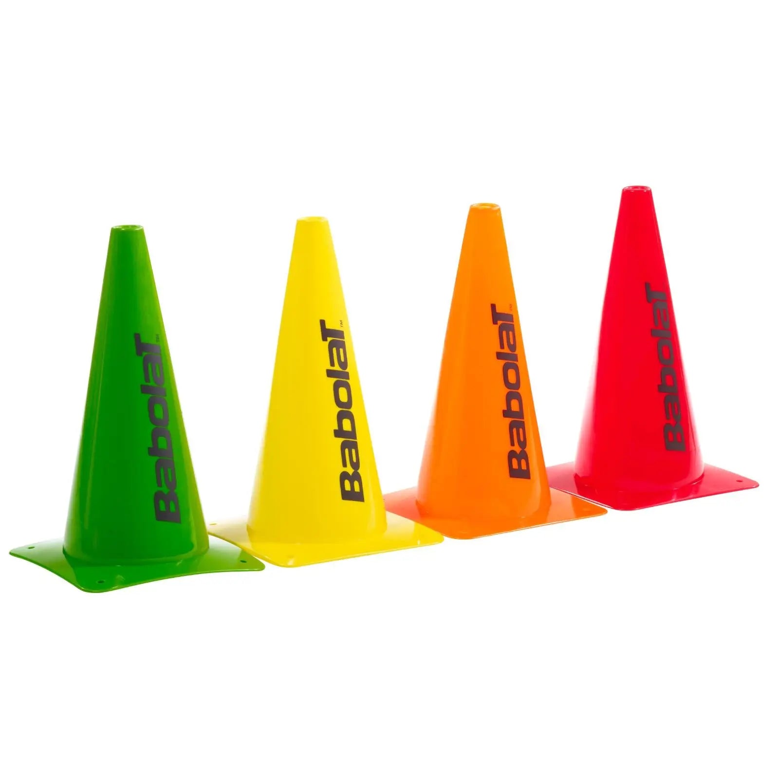 Four colorful Babolat training cones: green, yellow, orange, and red, for tennis court drills.