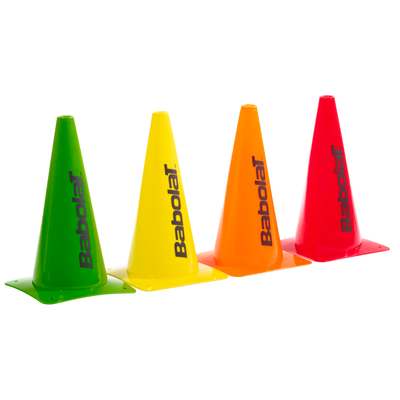Four colorful Babolat training cones: green, yellow, orange, and red, for tennis court drills.