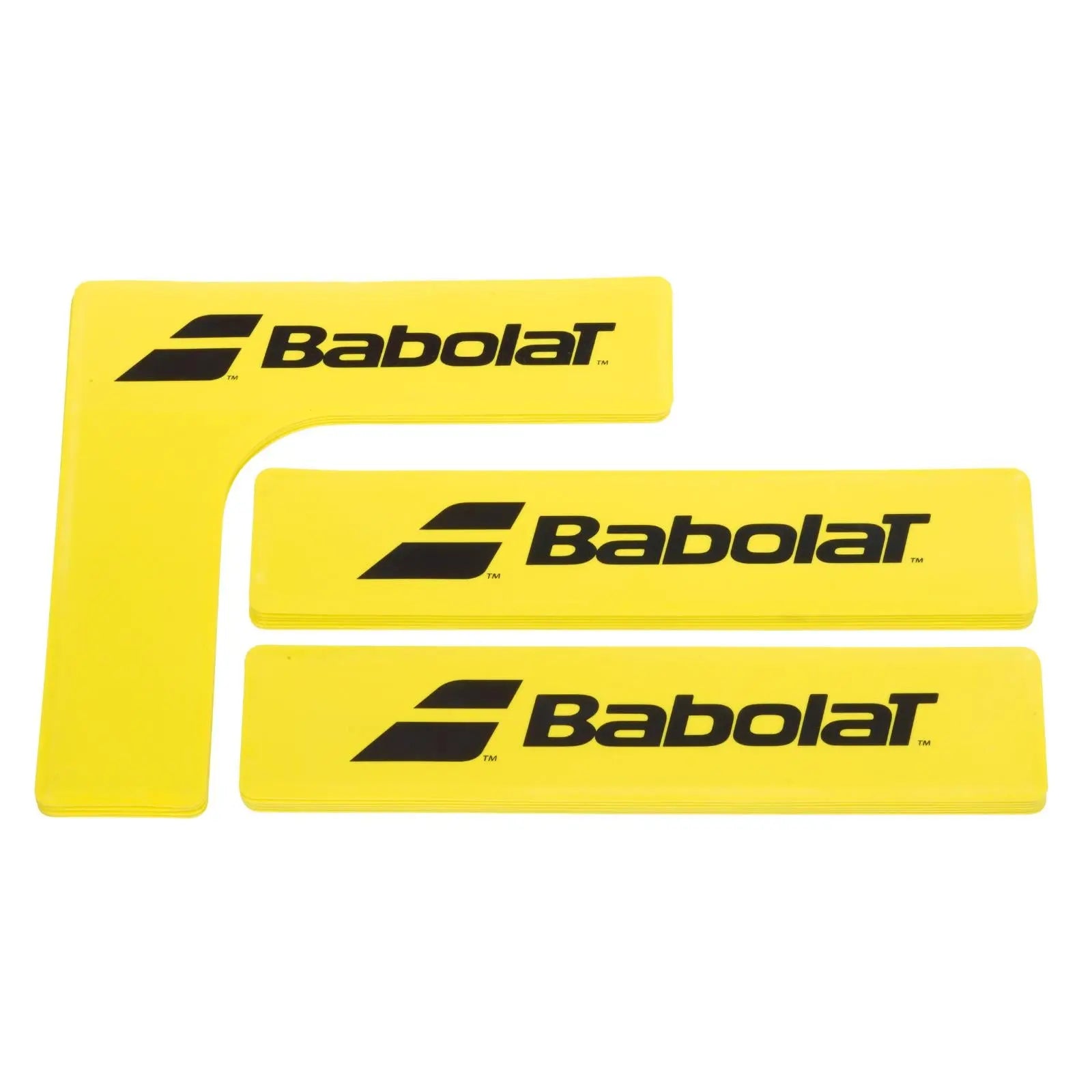 Three bright yellow Babolat court markers: one corner piece and two rectangular strips, all with black logos.
