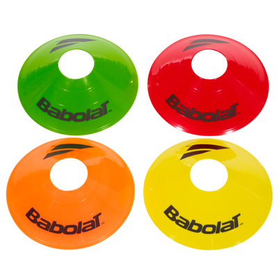 Four Babolat training cones in bright green, red, orange, and yellow, with the brand logo.