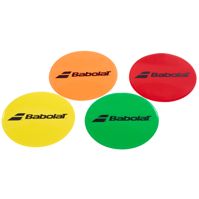 Four colorful Babolat court markers in red, orange, yellow, and green, for tennis training drills.