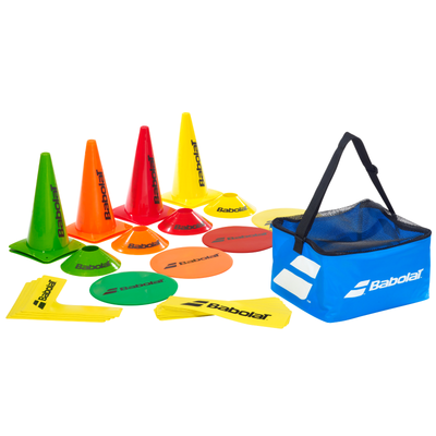 Babolat training kit with colorful cones, flat markers, and yellow court lines in a blue mesh carry bag.