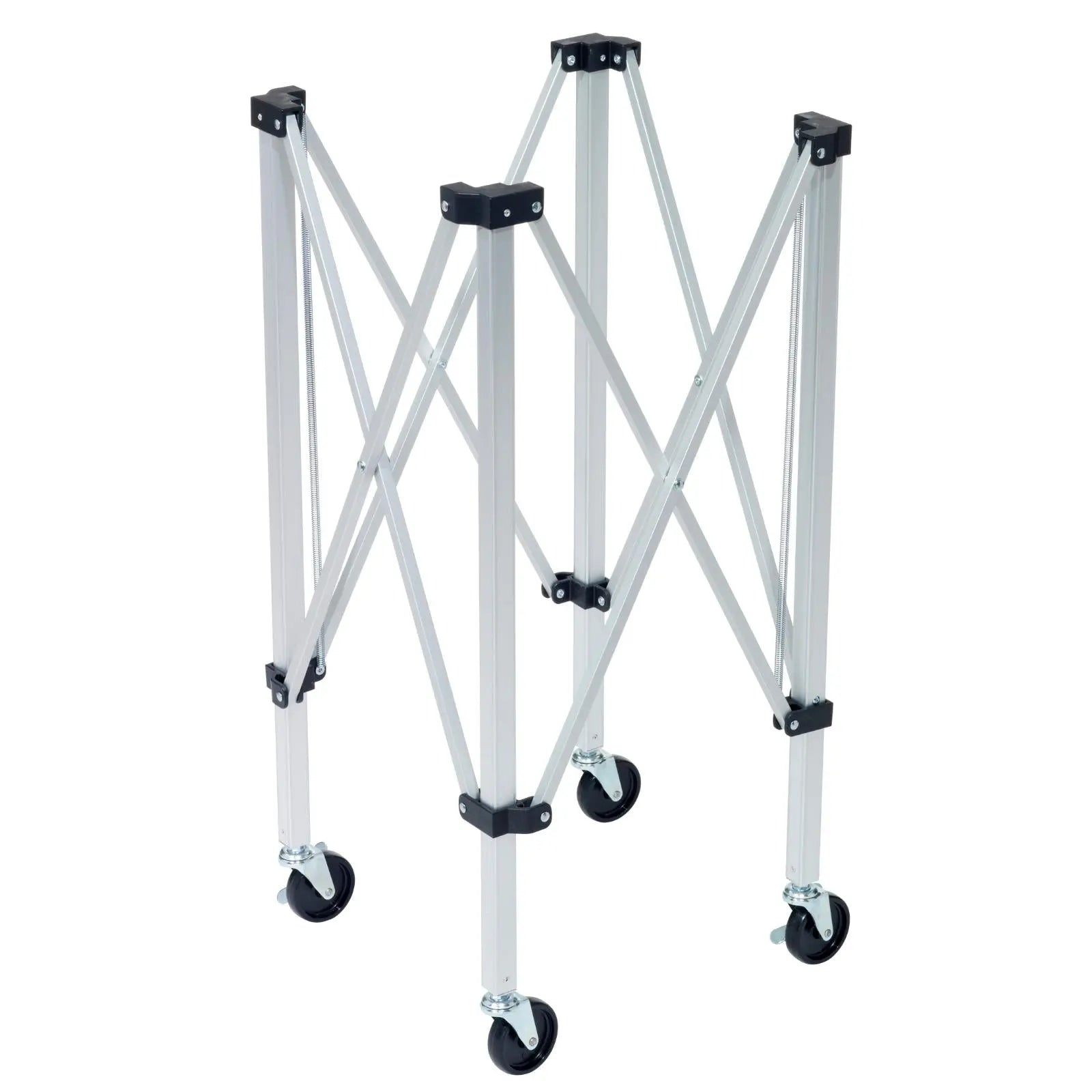 Babolat wheeled ball cart stand, silver aluminum frame with black joints and four black wheels.
