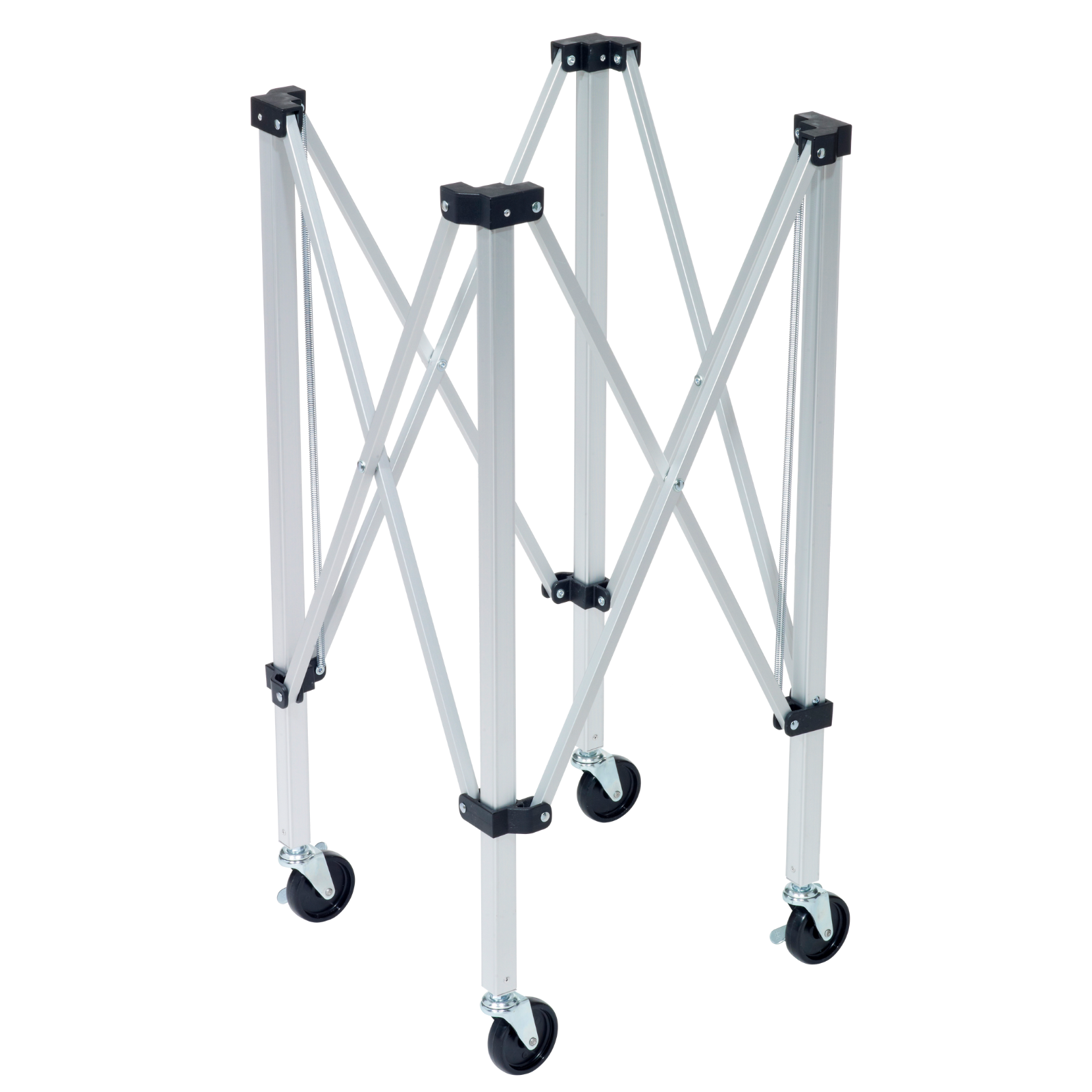 Babolat wheeled ball cart stand, silver aluminum frame with black joints and four black wheels.