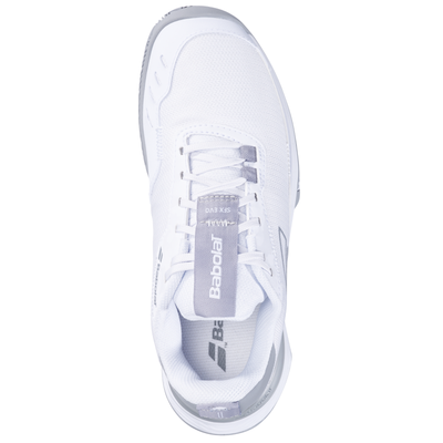 White Babolat SFX Evo women's clay court tennis shoe with grey accents and mesh upper.