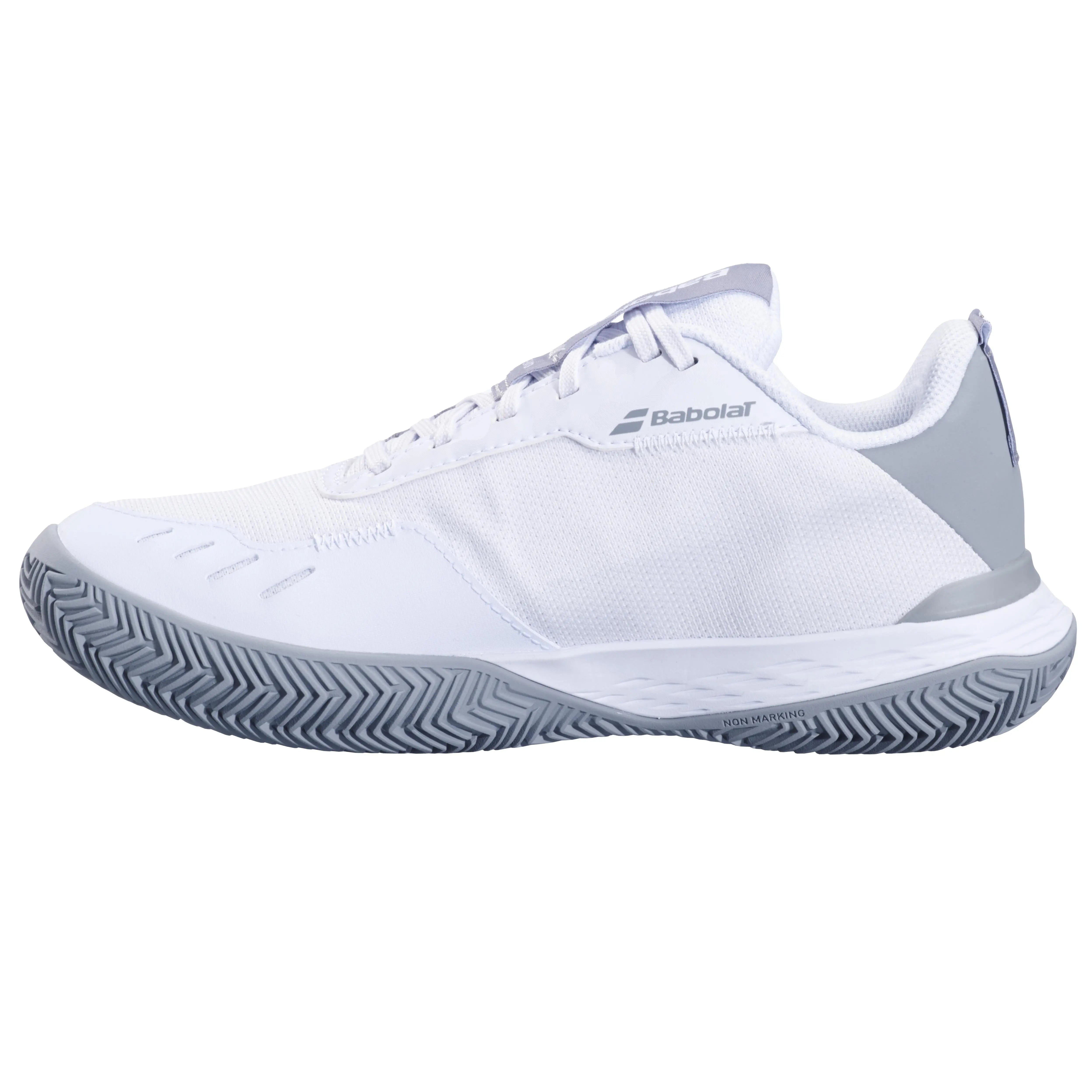 Babolat Women's SFX Evo clay court tennis shoe in white mesh with grey sole and accents.