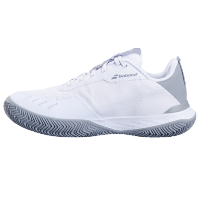 Babolat Women's SFX Evo clay court tennis shoe in white mesh with grey sole and accents.