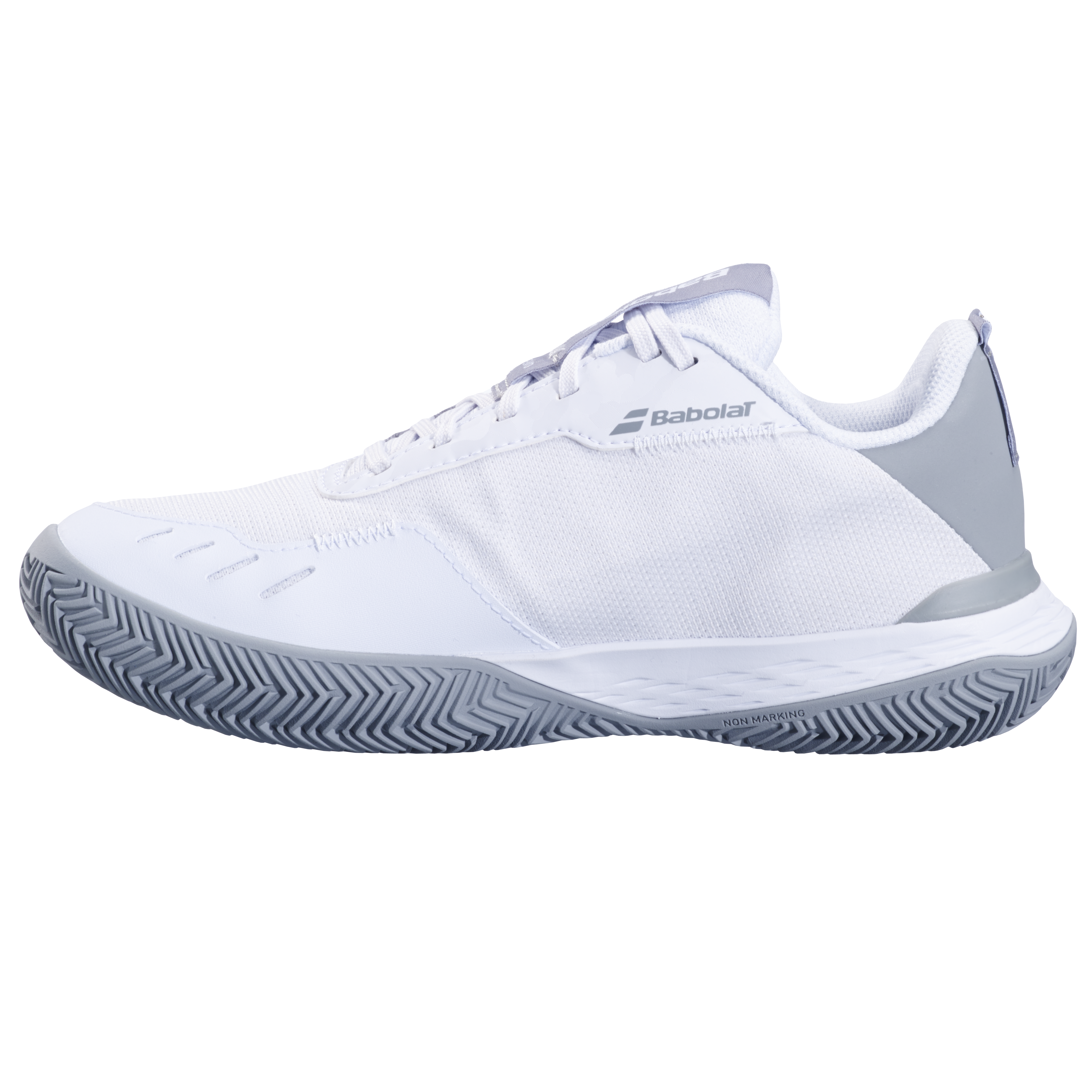 Babolat Women's SFX Evo clay court tennis shoe in white mesh with grey sole and accents.