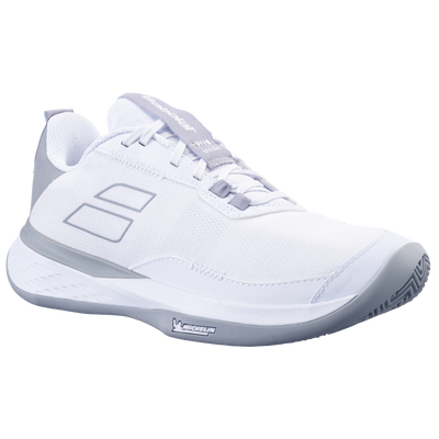White Babolat SFX Evo women's clay court tennis shoe with grey accents, mesh upper, and Michelin sole.