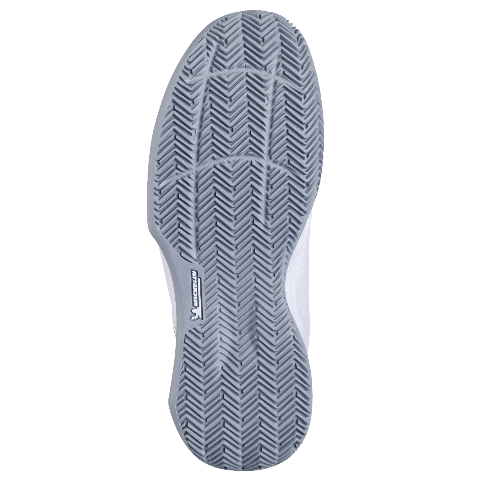 Babolat Women's SFX Evo clay court tennis shoe sole, gray Michelin tread on white shoe.