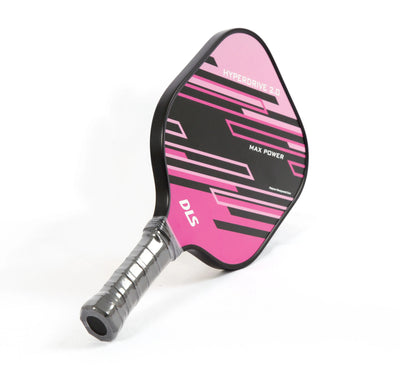 DLS Hyperdrive 2.0 pink pickleball paddle with black geometric design and ergonomic grip.