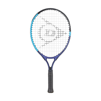 Dunlop Junior FX Jnr 21 tennis racquet, blue and black, with white strings and black grip.