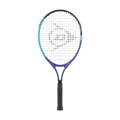 Dunlop Junior FX Jnr 25 tennis racquet in blue and black with white strings.
