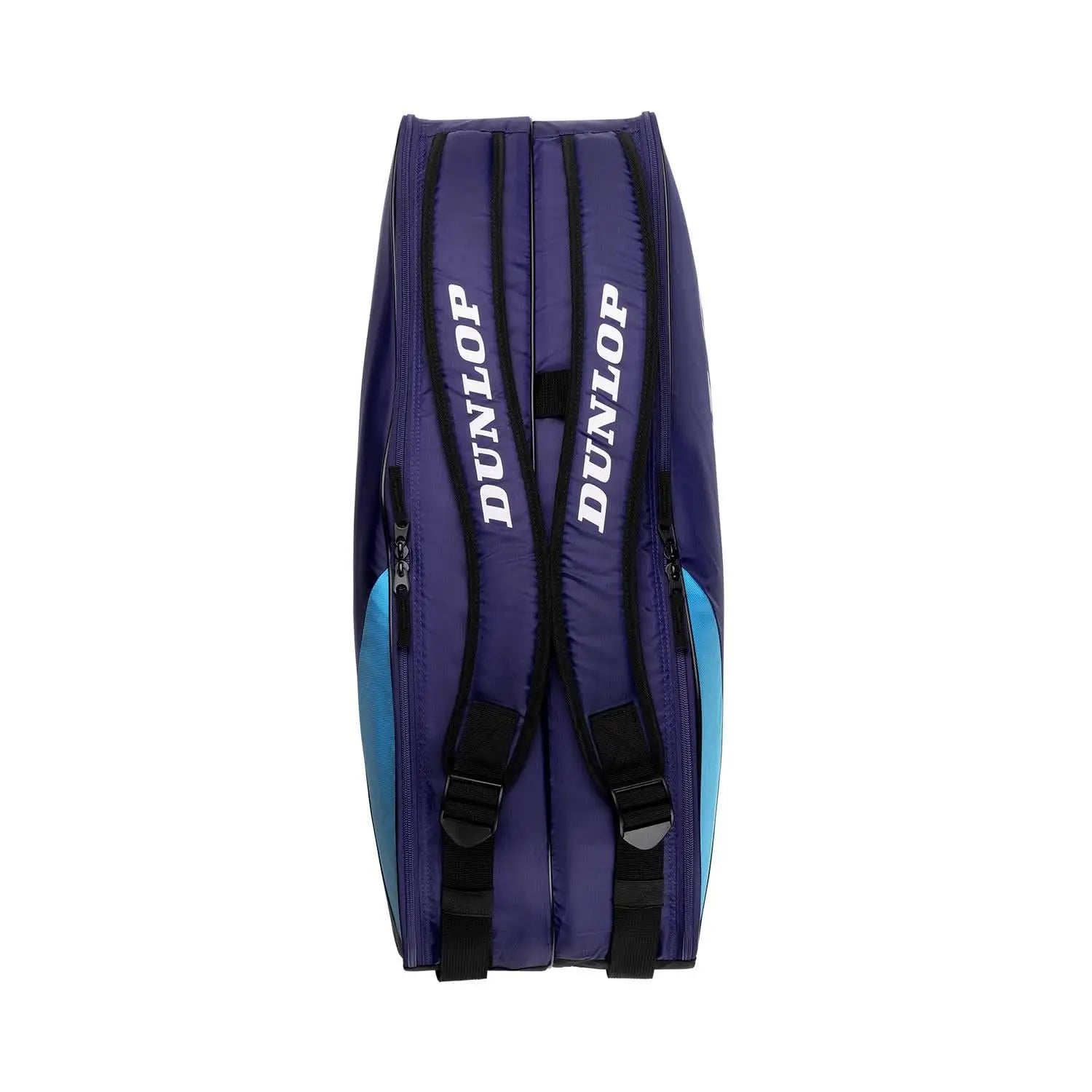 Dunlop FX Club 6 Racquet Tennis Bag in navy blue with light blue accents and white Dunlop logos.
