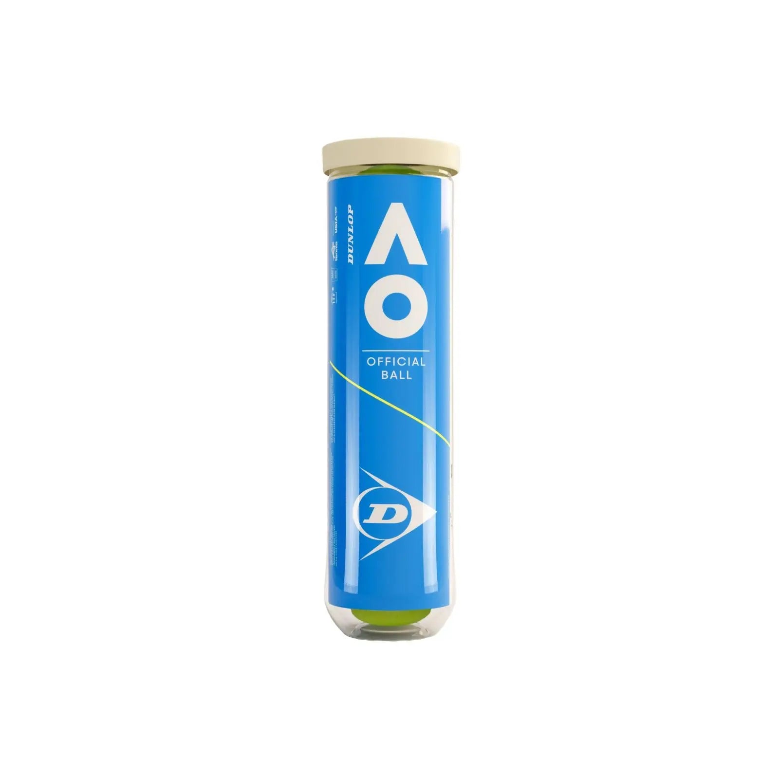 Dunlop Australian Open 4-ball pack in clear plastic tube with blue label, white cap, and visible yellow tennis balls.