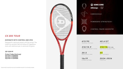 Red and black Dunlop CX200 Tour tennis racquet with a compact head and black grip.