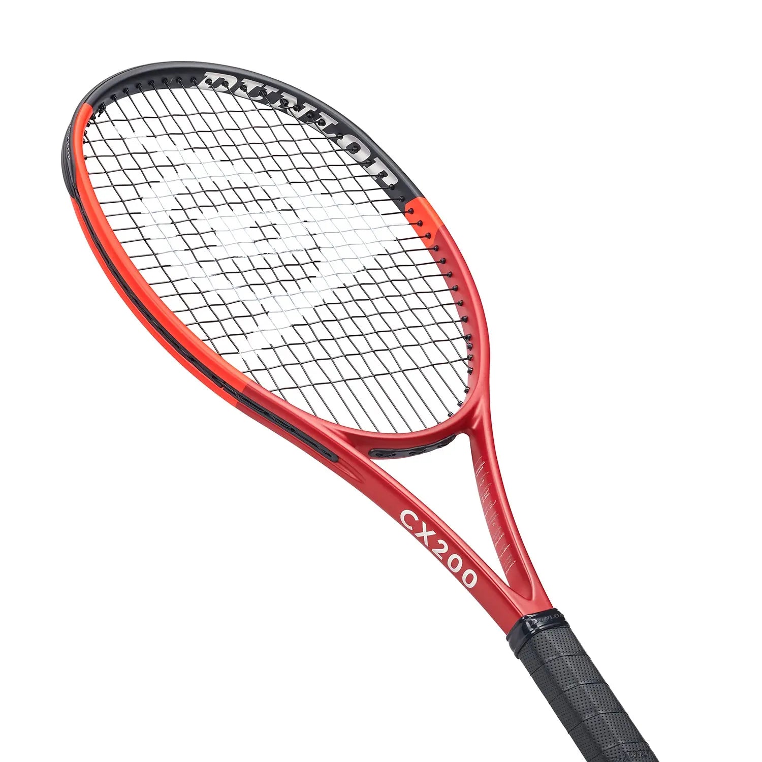 Red Dunlop CX200 tennis racquet with black grip, unstrung, angled view.