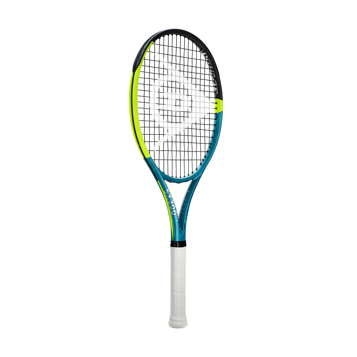Dunlop SX300 Lite tennis racquet, blue and neon yellow, with a white grip.